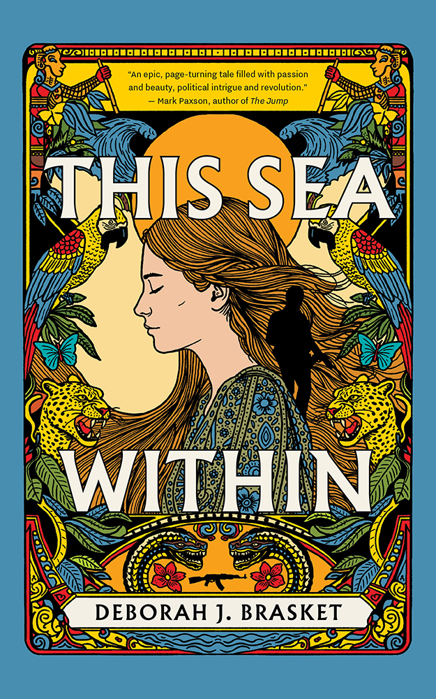Book cover of This Sea Within, young woman profile bordered by colorful parrots.
